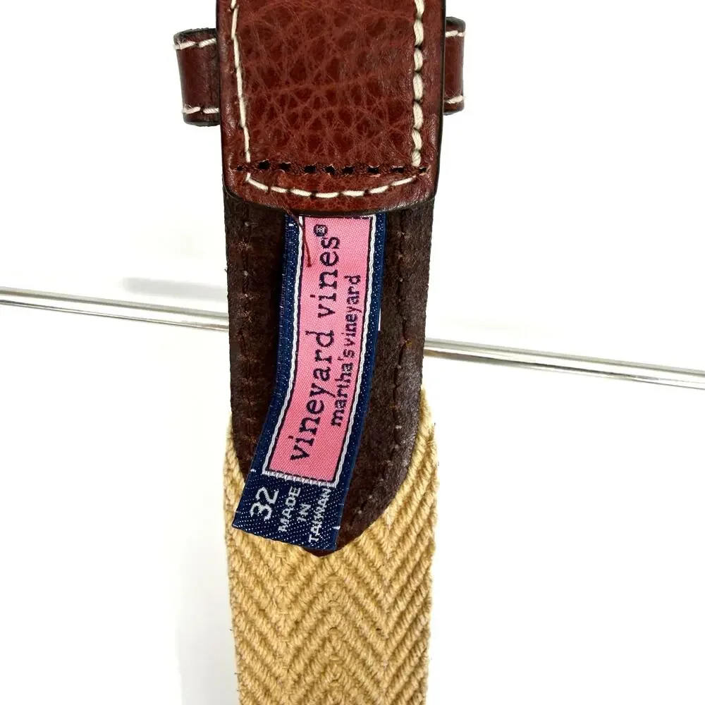 Vineyard Vines Tan Woven Cotton Leather Belt Brown Trim Silver Buckle Size 32